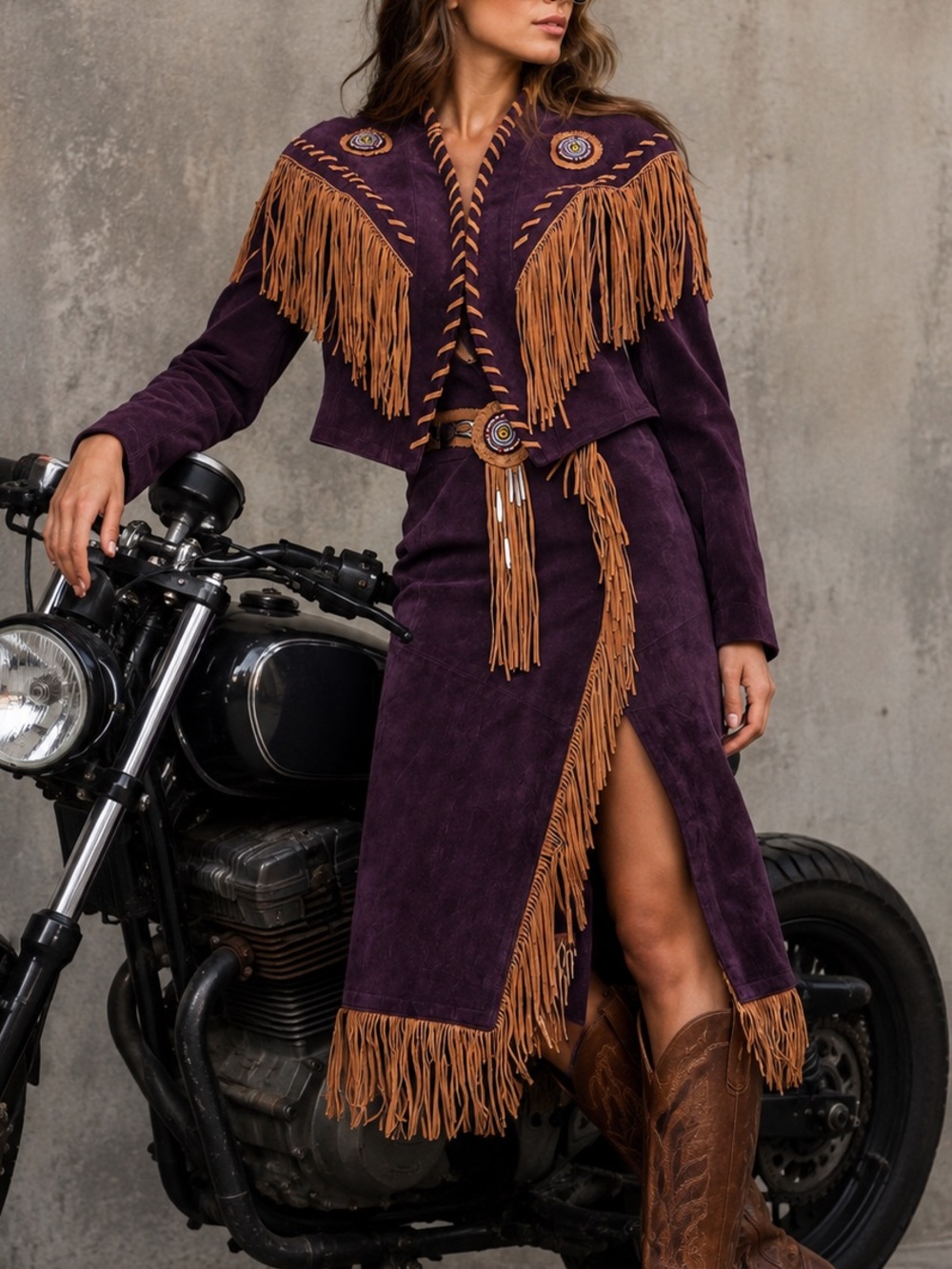 Vintage Frontier Collection Suede Leather Fringe Beaded Jacket/Skirt Set L-5/6 - Picture 3 of 16